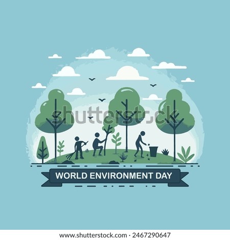 A friendly group of people cleans up trash outdoors in the fresh air in a green park. Trees, grass and plants grow around. Clear blue sky from above