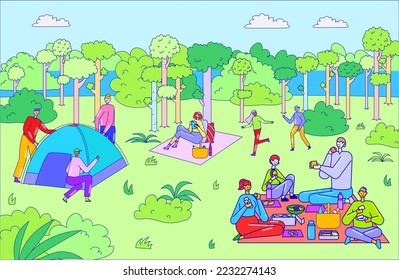 Friendly group of people outdoor resting place, character tourism hiking, traveller set up tent line flat vector illustration.