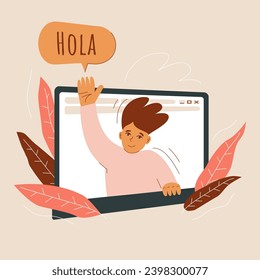 Friendly guy waving his hand from laptop screen, decorated with leaves, Spanish hello bubble. Greeting gesture boy as online conversation, support service, advertising and marketing concept. Vector.