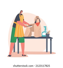 Friendly Hairdresser Female Character Provides Grooming Service, Combing Dog with Long Hair in Salon, Domestic Animal Stand on Table with Different Cosmetic Bottles. Cartoon People Vector Illustration