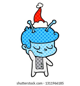 friendly hand drawn comic book style illustration of a spaceman wearing santa hat