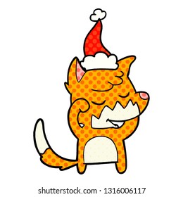 friendly hand drawn comic book style illustration of a fox waking up wearing santa hat
