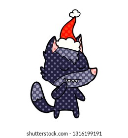 friendly hand drawn comic book style illustration of a wolf wearing santa hat