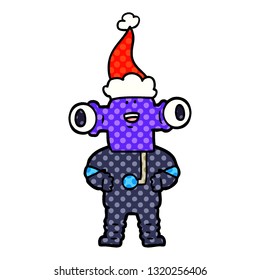 friendly hand drawn comic book style illustration of a alien wearing santa hat