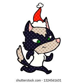 friendly hand drawn comic book style illustration of a wolf wearing santa hat