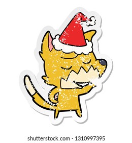 caricatura de pegatinas angustiadas dibujadas a mano de un zorro con sombrero santa