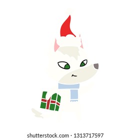 friendly hand drawn flat color illustration of a christmas wolf wearing santa hat