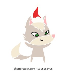 friendly hand drawn flat color illustration of a wolf wearing santa hat