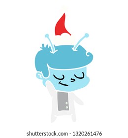 friendly hand drawn flat color illustration of a spaceman wearing santa hat