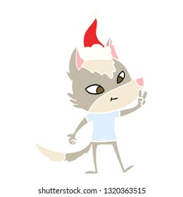 ilustración de color plano dibujada a mano amigable de un lobo que da señal de paz usando sombrero santa