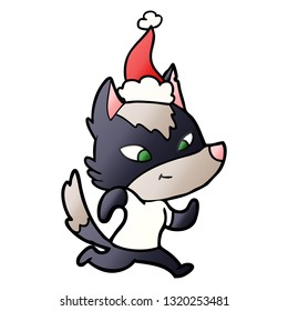friendly hand drawn gradient cartoon of a wolf wearing santa hat
