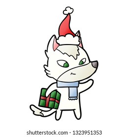 caricatura de gradiente dibujada a mano de un lobo navideño con sombrero santa