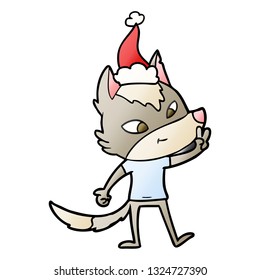 friendly hand drawn gradient cartoon of a wolf giving peace sign wearing santa hat