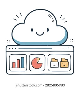 A friendly hand drawn illustration of a smiling cloud above a web interface showing bar charts pie charts and file folders representing data management and cloud storage services