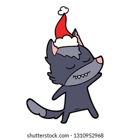 friendly hand drawn line drawing of a wolf wearing santa hat