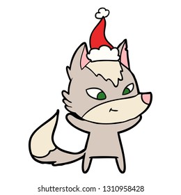 dibujo de línea amistosa a mano de un lobo que lleva sombrero santa