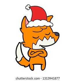 dibujo de línea de mano amigable de un zorro que lleva sombrero santa