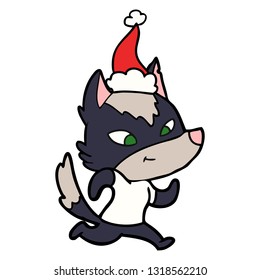 friendly hand drawn line drawing of a wolf wearing santa hat