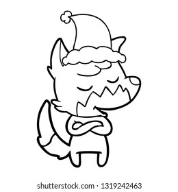 dibujo de línea de mano amigable de un zorro que lleva sombrero santa