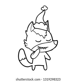 dibujo de línea amistosa a mano de un lobo que lleva sombrero santa
