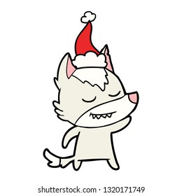 friendly hand drawn line drawing of a wolf wearing santa hat