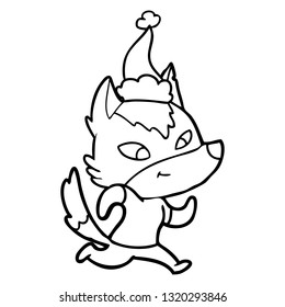 desenho de linha desenhado à mão amigável de um lobo vestindo chapéu de santa