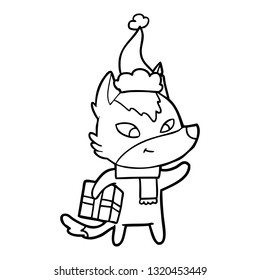 dibujo de una línea dibujada a mano de un lobo navideño usando sombrero santa