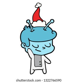 friendly hand drawn line drawing of a spaceman wearing santa hat