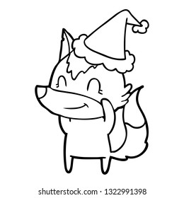 dibujo de línea amistosa a mano de un lobo que lleva sombrero santa