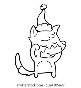 friendly hand drawn line drawing of a fox waking up wearing santa hat