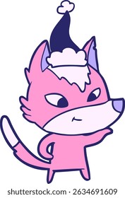 desenho de linha desenhada à mão amigável de um lobo vestindo chapéu de santa em cores neon brilhantes
