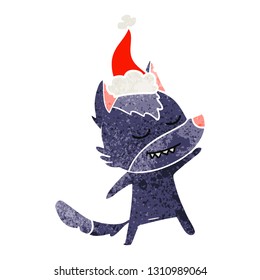 friendly hand drawn retro cartoon of a wolf wearing santa hat