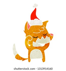friendly hand drawn retro cartoon of a fox waking up wearing santa hat