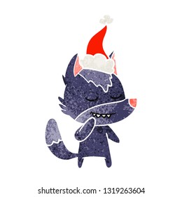 friendly hand drawn retro cartoon of a wolf wearing santa hat