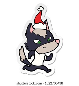 friendly hand drawn sticker cartoon of a wolf wearing santa hat