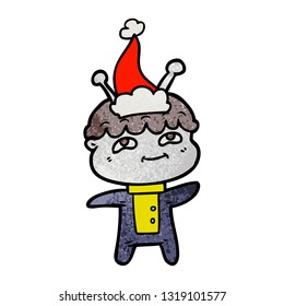 friendly hand drawn textured cartoon of a spaceman wearing santa hat