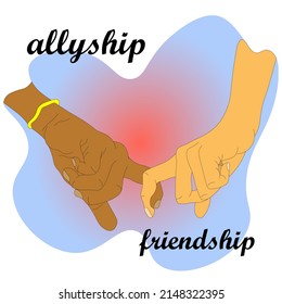 friendly hand holds other hand with fingers, provides support. allyship, friendship, teamwork, concept vector. People with different cultures, ethnic background need help, racial equality. refugee day