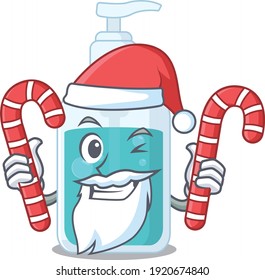 Sanitizador de manos amigables vestido con el personaje de Santa Cartoon con caramelos de Navidad