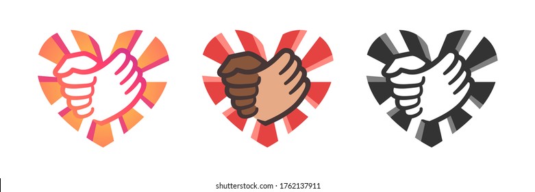 Friendly handshake between black and white man on the background of a heart. Colorfull antiracism icons perfect for social media, blogs, news. Isolated vector illustrations on white background, EPS10.