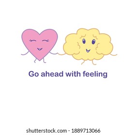 Friendly handshake between brain and heart. Cartoon illustration of emotion intelligence