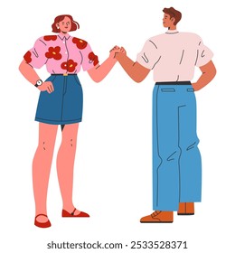 Friendly handshake between colleagues in casual attire, capturing a moment of mutual agreement and teamwork. Vector illustration.