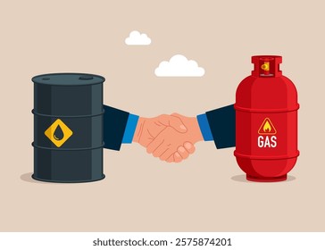 Friendly handshake between gas in cylinder and oil barrel. Sale of natural gas and fuels, diesel, oil. Modern flat vector illustration.