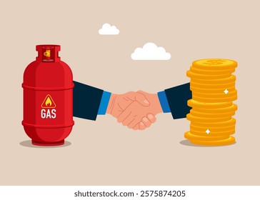 Friendly handshake between gas in cylinder and gold coins. Sale of natural gas and fuels. Modern flat vector illustration.