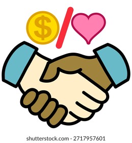 Aperto de mão amigável entre parceiros com símbolo de moeda e coração acima transmitindo negócios e compaixão, acordo cooperativo mostrando confiança e parceria com tom emocional quente