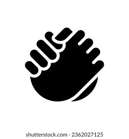 Friendly handshake black glyph icon. Joining hands. Buddies greeting gesture. Body language expression. Silhouette symbol on white space. Solid pictogram. Vector isolated illustration