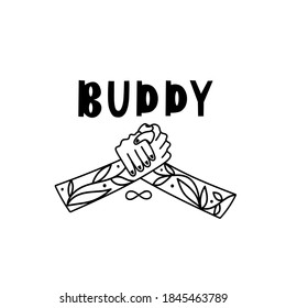 Friendly handshake. Black and white outline illustration and lettering