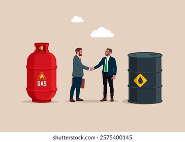 Friendly handshake businessmen between gas in cylinder and oil barrel. Sale of natural gas and fuels, diesel, oil. Modern flat vector illustration.