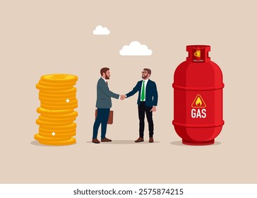 Friendly handshake businessmen between gas in cylinder and gold coins. Sale of natural gas and fuels. Modern flat vector illustration.