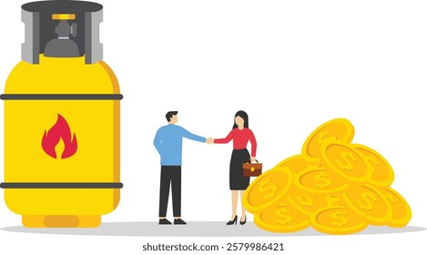 Friendly handshake businessmen between gas in cylinder and gold coins. Sale of natural gas and fuels. Modern flat vector illustration.

