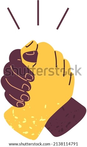 Friendly handshake, crossed human arms isolated on white background. Soul brother handshake, loud clap by hands. Symbol of friendship, agreement, relationship concept. Colored hands hold each other.